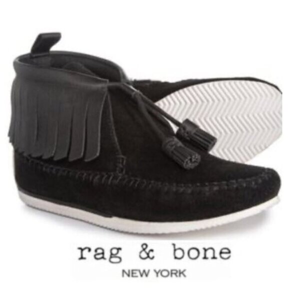 RAG & Bone Ghita Black Leather & Suede Moccasin Fringe Ankle Boots - Picture 1 of 14
